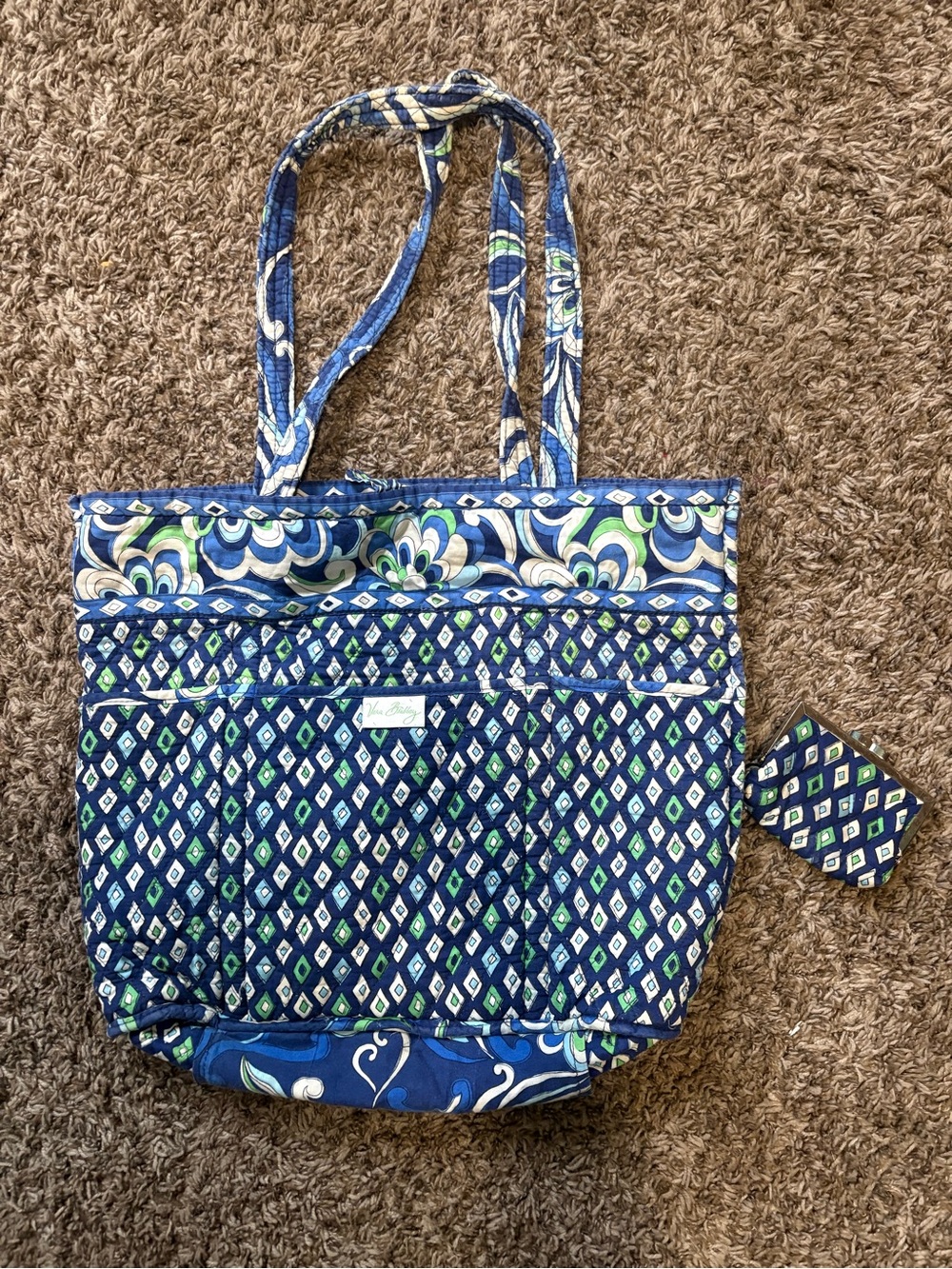 Vera Bradley Navy Blue & Green Quilted Tote plus change purse